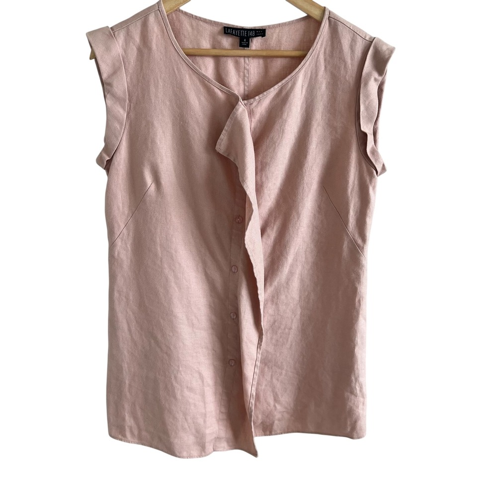 Lafayette 148 100% Linen Pink Short Sleeve Button Blouse SZ 4 Office Feminine